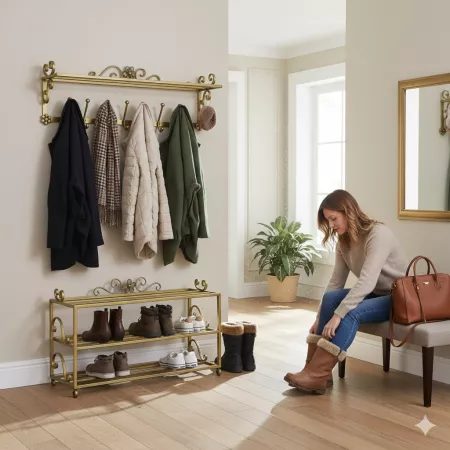 Wieszak na ubrania kuty z półką i szafką na buty